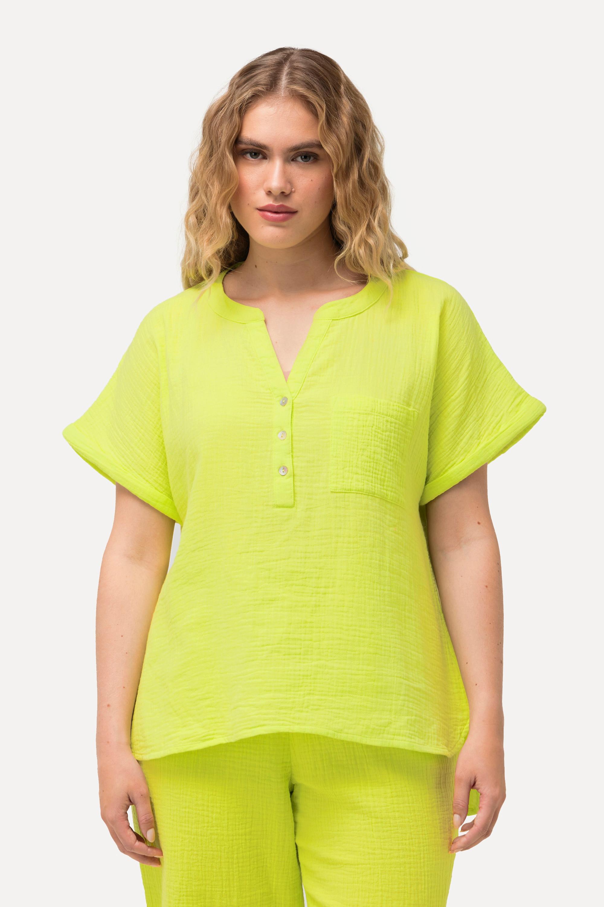 Ulla Popken  Musselin-Bluse, Oversized, Tunika-Ausschnitt, Halbarm 