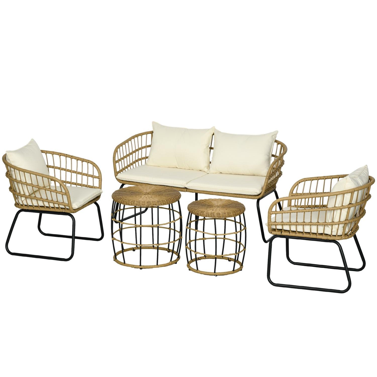 Northio Set Di Mobili Da Giardino In Rattan Da 5 Pezzi, Area Salotto Con Cuscini, Set Da Giardino Con 2 Tavolini Da Caffè, 2 Poltrone, 1 Divano Doppio, Set Da Seduta, Acciaio, Beige  