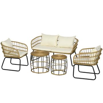 Set Di Mobili Da Giardino In Rattan Da 5 Pezzi, Area Salotto Con Cuscini, Set Da Giardino Con 2 Tavolini Da Caffè, 2 Poltrone, 1 Divano Doppio, Set Da Seduta, Acciaio, Beige