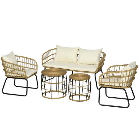 Northio Set Di Mobili Da Giardino In Rattan Da 5 Pezzi, Area Salotto Con Cuscini, Set Da Giardino Con 2 Tavolini Da Caffè, 2 Poltrone, 1 Divano Doppio, Set Da Seduta, Acciaio, Beige  