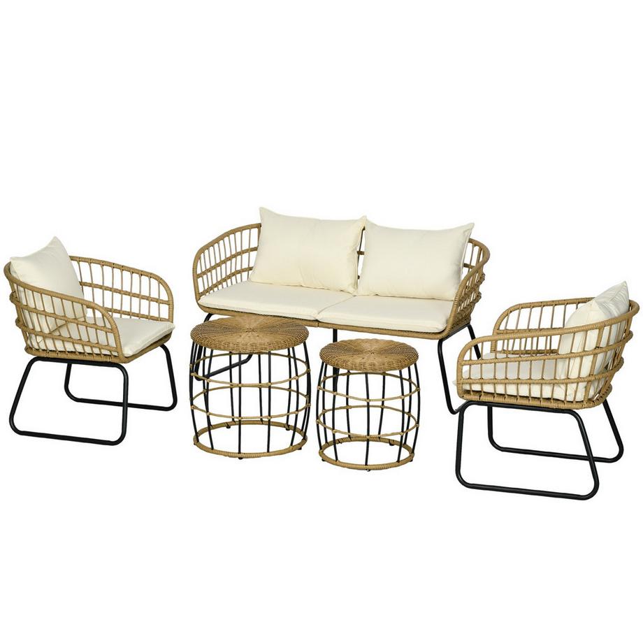 Northio Set Di Mobili Da Giardino In Rattan Da 5 Pezzi, Area Salotto Con Cuscini, Set Da Giardino Con 2 Tavolini Da Caffè, 2 Poltrone, 1 Divano Doppio, Set Da Seduta, Acciaio, Beige  