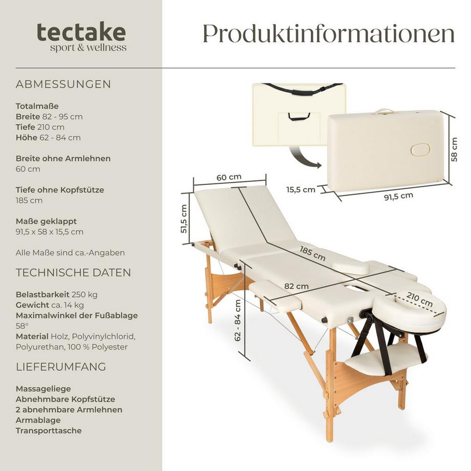 Tectake 3 Zonen Massageliege mit Polsterung und Holzgestell  