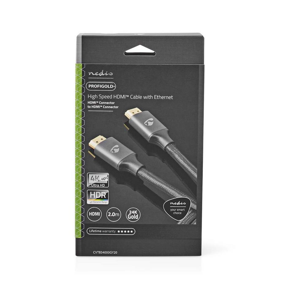 Nedis  Câble HDMI™ haute vitesse avec Ethernet | Connecteur HDMI™ | Connecteur HDMI™ | 4K@60Hz | ARC | 18 Gbps | 2,00 m | Rond | Coton | Gris / Gris avec métal | Boîte avec fenêtre couverte 