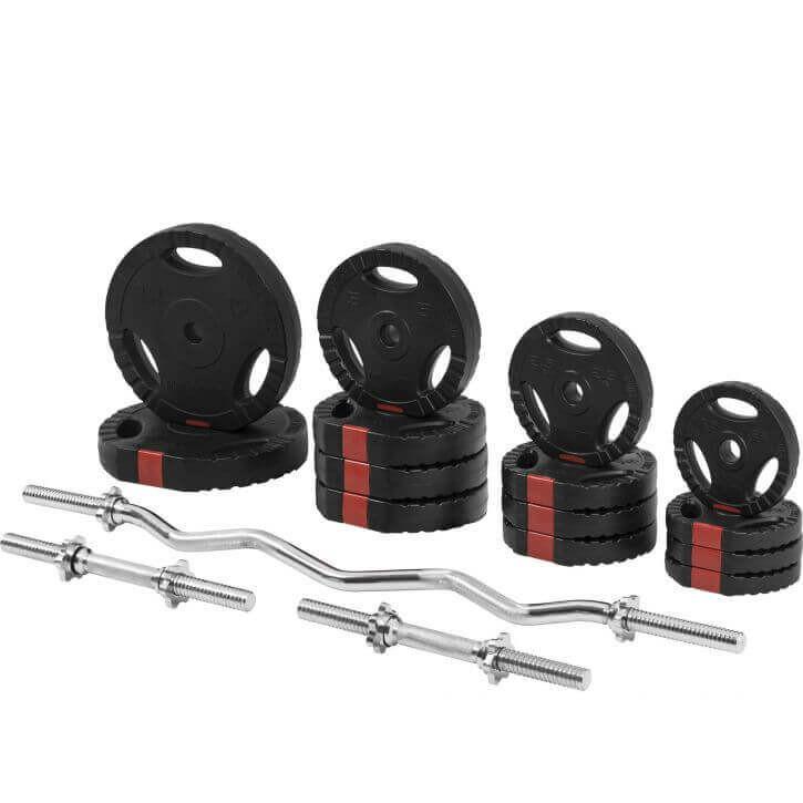 Gorilla Sports  SET D'HALTÈRES DE 68KG PLASTIQUE GRIP + BARRE CURL 120CM | MUSCULATION 