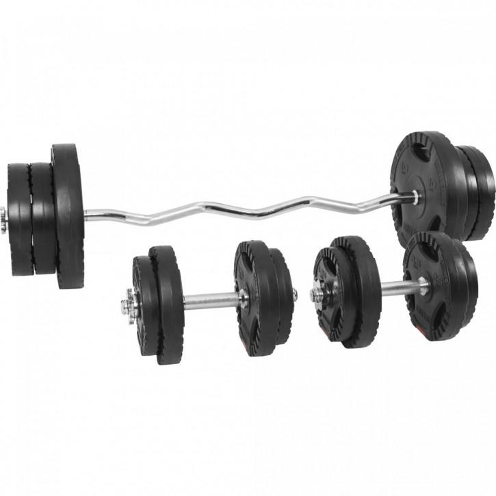 Gorilla Sports  SET D'HALTÈRES DE 68KG PLASTIQUE GRIP + BARRE CURL 120CM | MUSCULATION 