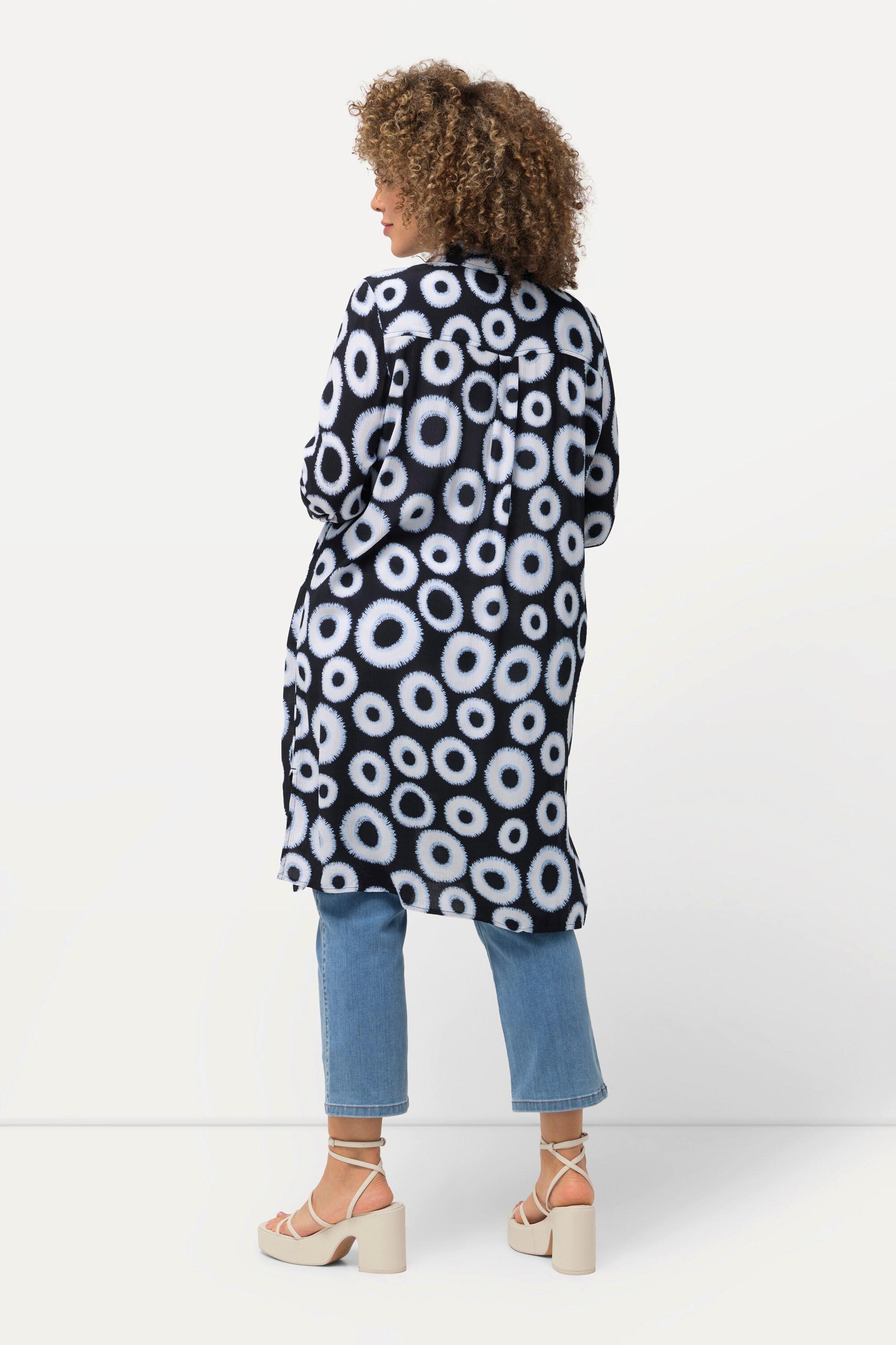 Ulla Popken  Chemisier long en tissu crêpe à motif cercles, col de chemise et manches longues et 