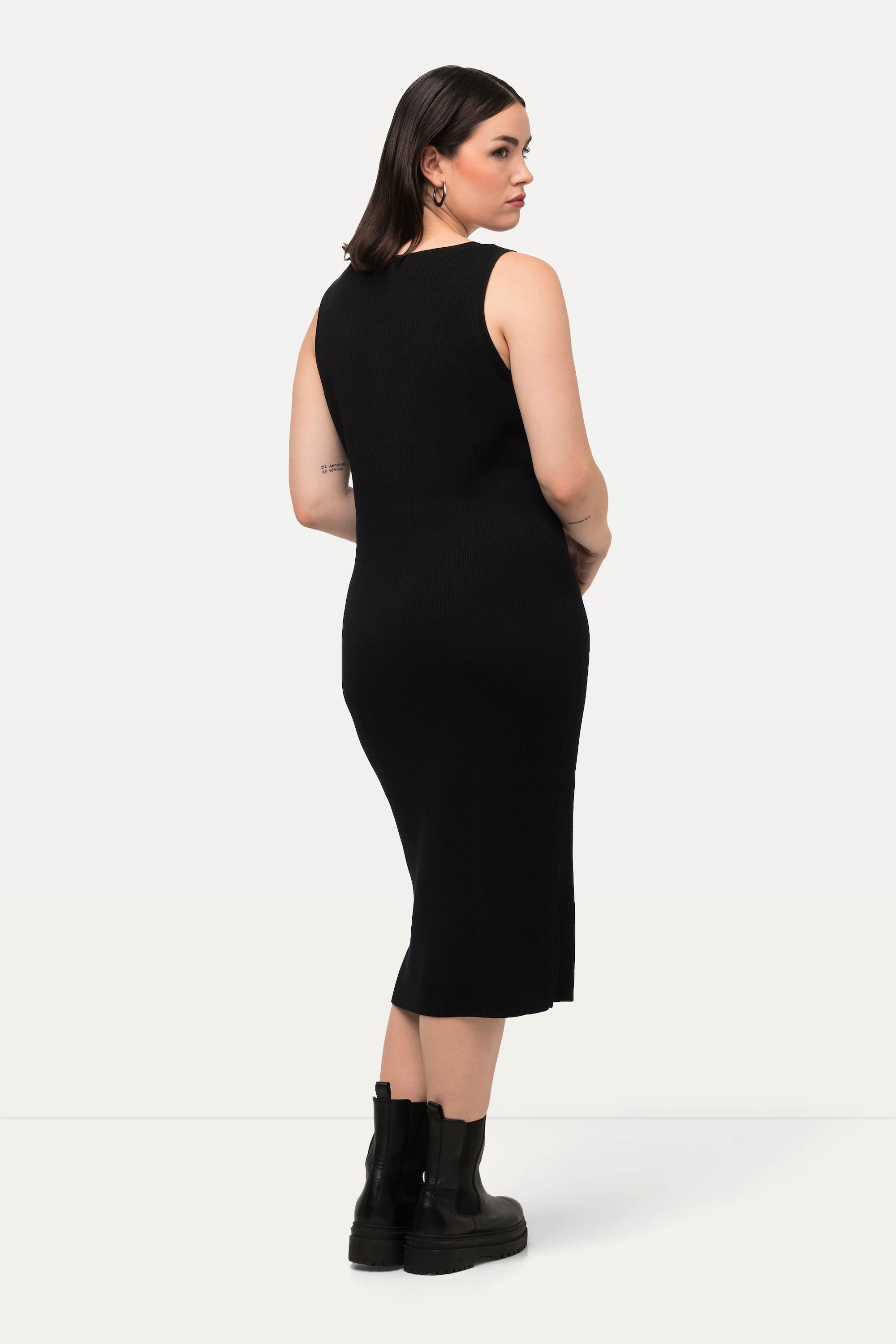 Ulla Popken Abito midi maglia a coste taglio aderente smanicato scollo a V  