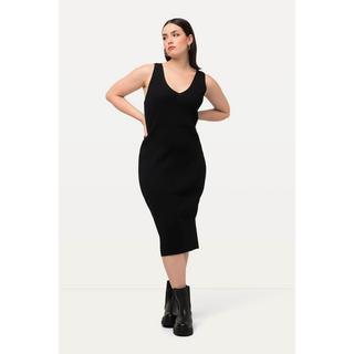 Ulla Popken  Strickkleid, Rippstrick, Slim, Midilänge, V-Ausschnitt, ärmellos 