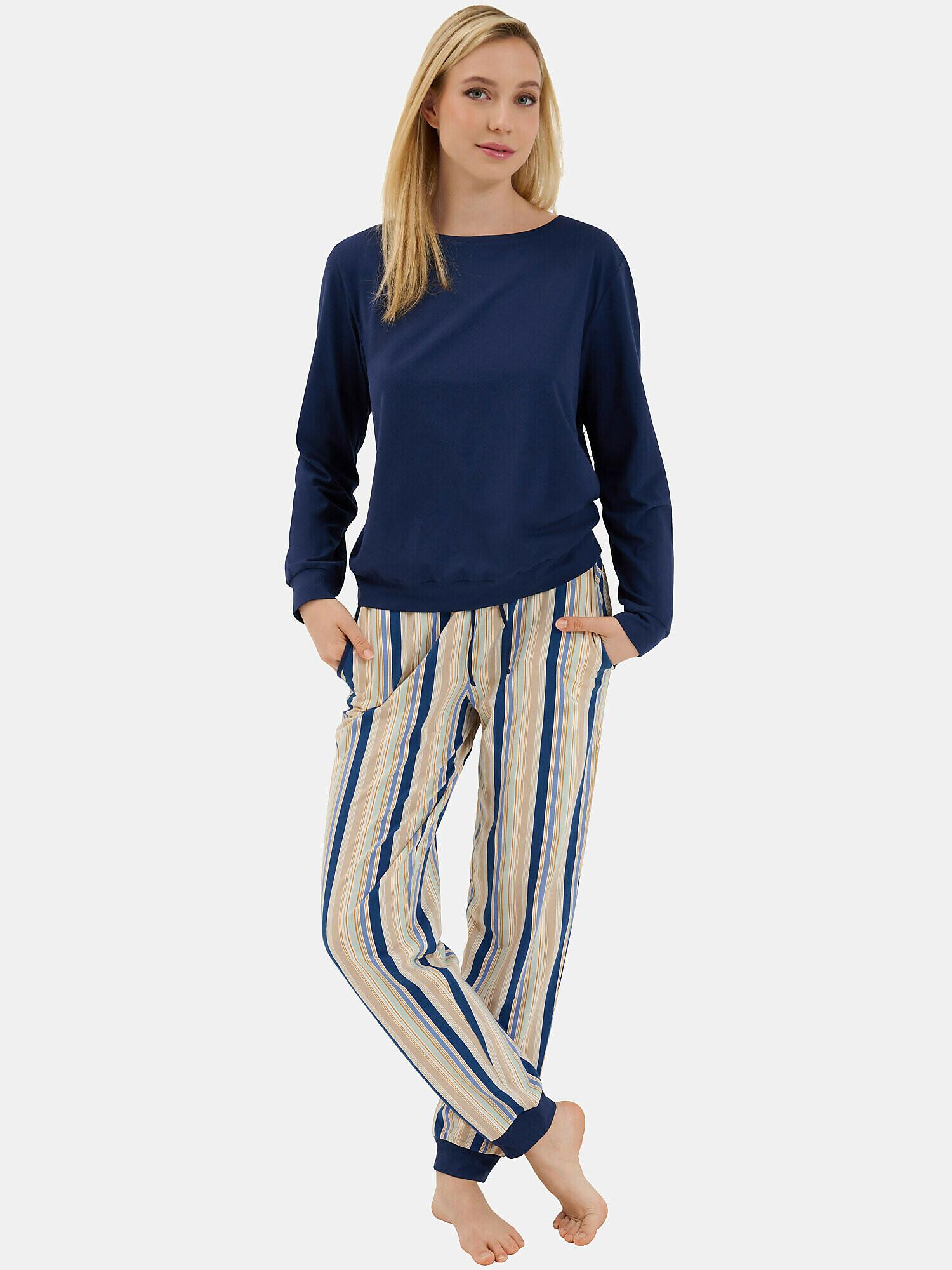 Image of Pyjama Hausanzug Hose Gerafft Top Langarm Maxine Unisex Blau S