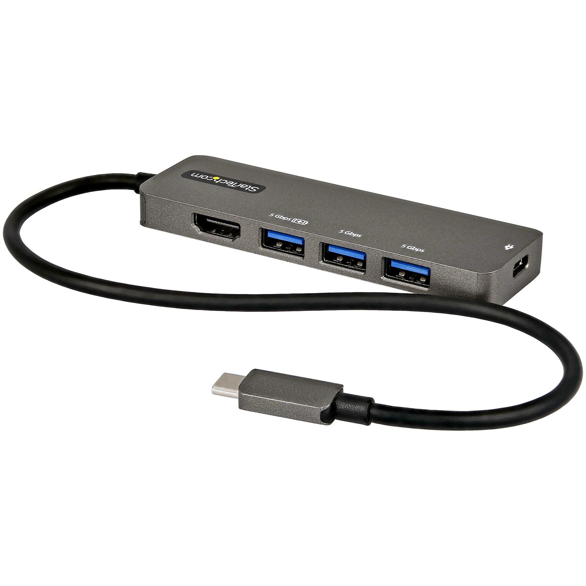 Image of StarTech.com USB-C Multiport Adapter - USB-C auf HDMI 2.0b 4K 60Hz (HDR10), 100W Power Delivery Pass-Through, 4-Port USB 3.0 Hub - USB Type-C Mini Dock - 30cm langes Kabel