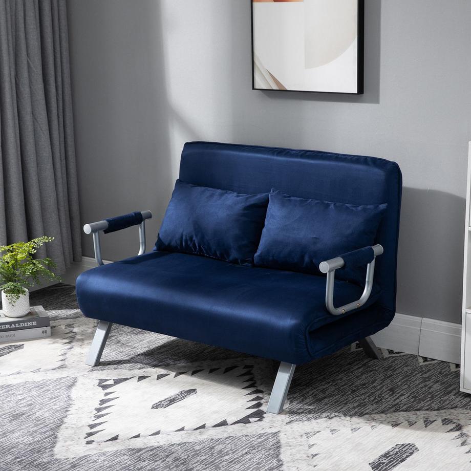 Northio Schlafsofa 2er-Sofa mit Schlaffunktion und verstellbarer Rückenlehne, Couch mit Wurfkissen in Samtoptik, Polstersofa für Wohnzimmer & Schlafzimmer, Blau  
