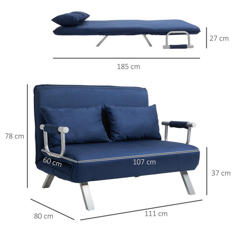 Northio Schlafsofa 2er-Sofa mit Schlaffunktion und verstellbarer Rückenlehne, Couch mit Wurfkissen in Samtoptik, Polstersofa für Wohnzimmer & Schlafzimmer, Blau  