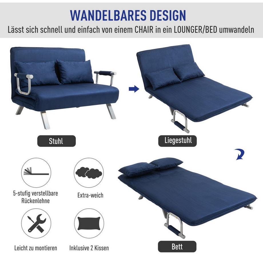 Northio Schlafsofa 2er-Sofa mit Schlaffunktion und verstellbarer Rückenlehne, Couch mit Wurfkissen in Samtoptik, Polstersofa für Wohnzimmer & Schlafzimmer, Blau  