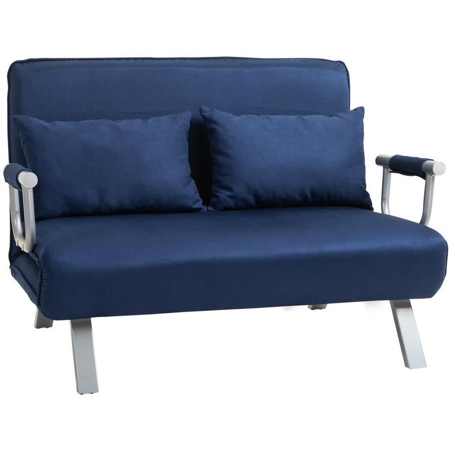 Schlafsofa 2er-Sofa mit Schlaffunktion und verstellbarer Rückenlehne, Couch mit Wurfkissen in Samtoptik, Polstersofa für Wohnzimmer & Schlafzimmer, Blau