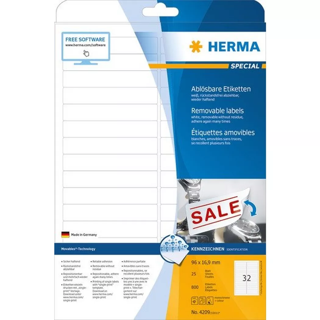 HERMA – Etiketten SPECIAL 96×16.9mm 4209 weiss,non-perm. 800 St./25 Bl., One Size