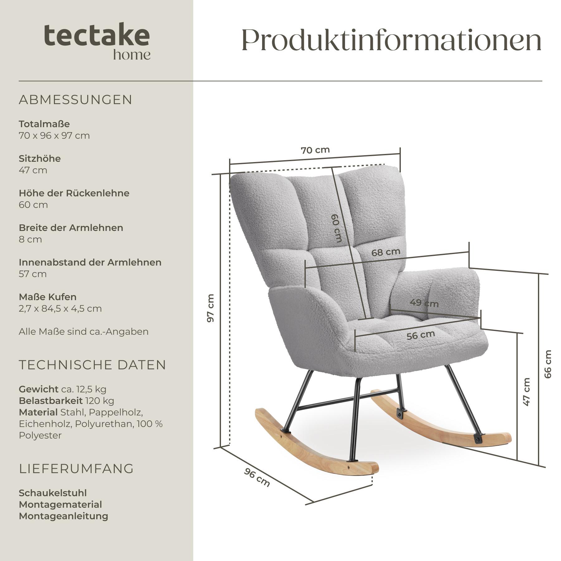 Tectake Sedia a dondolo Torve, imbottita, tessuto bouclé, pattini in legno  