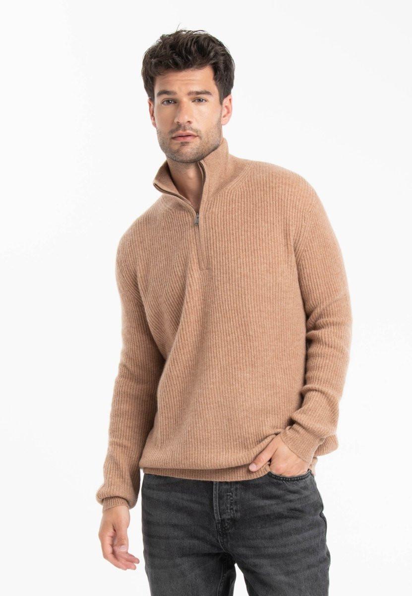 Image of Gabi 1 Gerippter Trucker Pullover - 100% Kaschmir Unisex Camel L