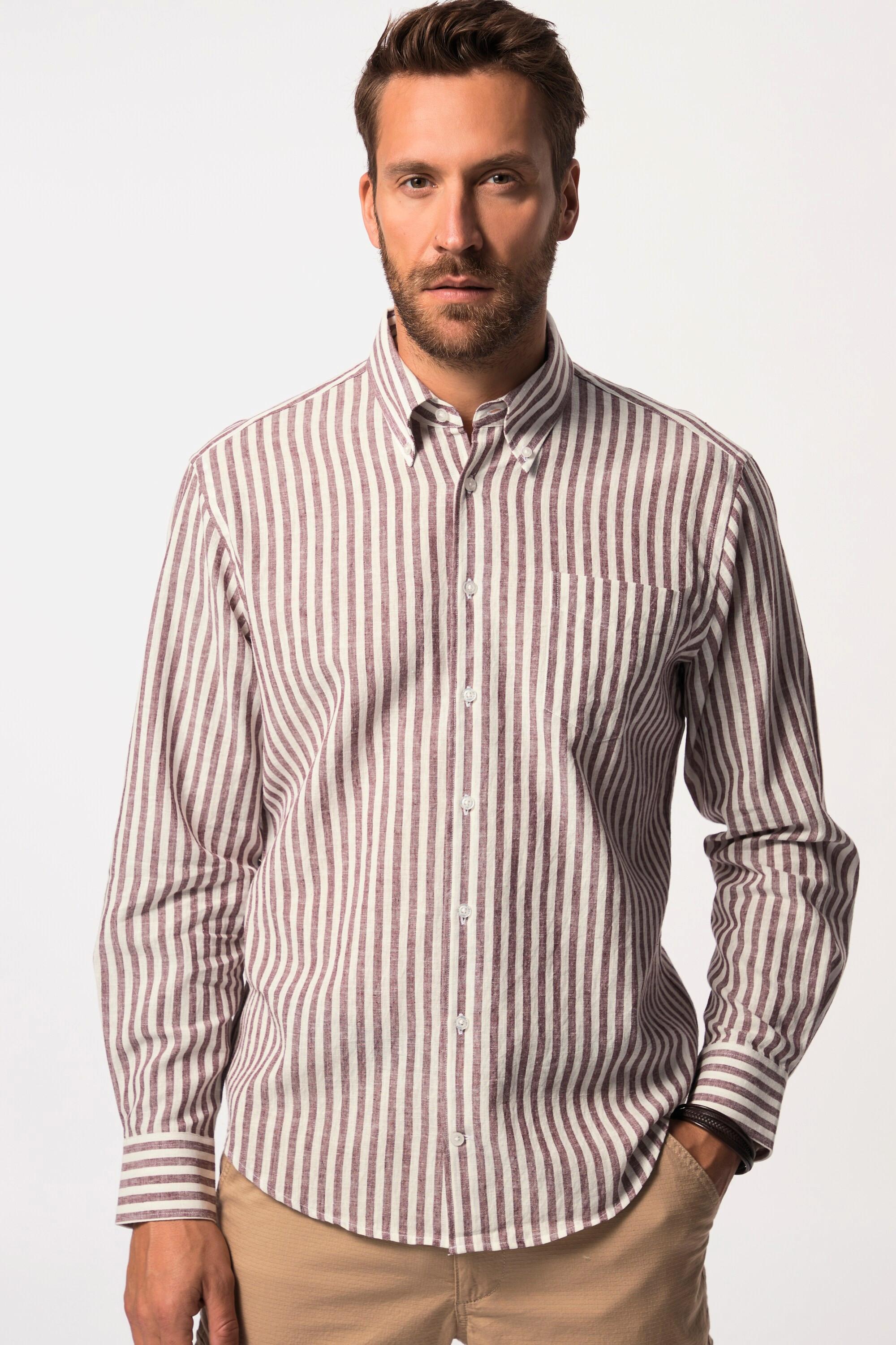 JP1880  Camicia a righe in misto lino con vestibilità moderna, colletto button-down e maniche lunghe, fino alla tg. 8XL 