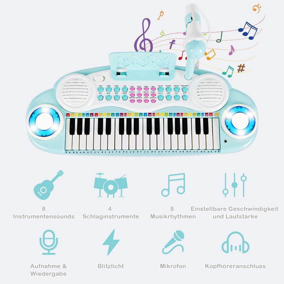 B2X  37 Tasten Digital-Piano Kinder Keyboard Klaviertastatur mit Mikrofon 48 x 20 x 38 cm Blau 