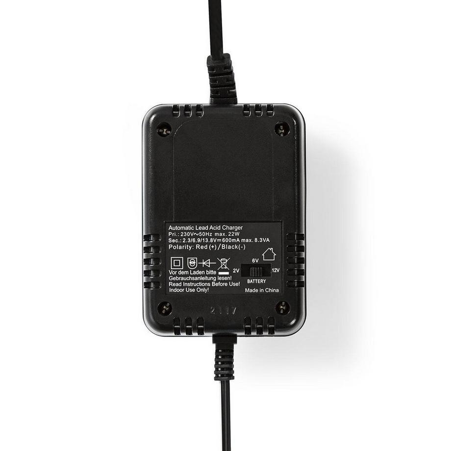 Nedis  Chargeur de batterie plomb-acide | 2.3 / 6.9 / 13.8 V DC | 0.6 A | Charge d'entretien | Euro / Type C (CEE 7/16) | Clips de batterie | Energie de type de batterie : AGM / Plomb Acide / Gel / SLA / VRLA | Noir 