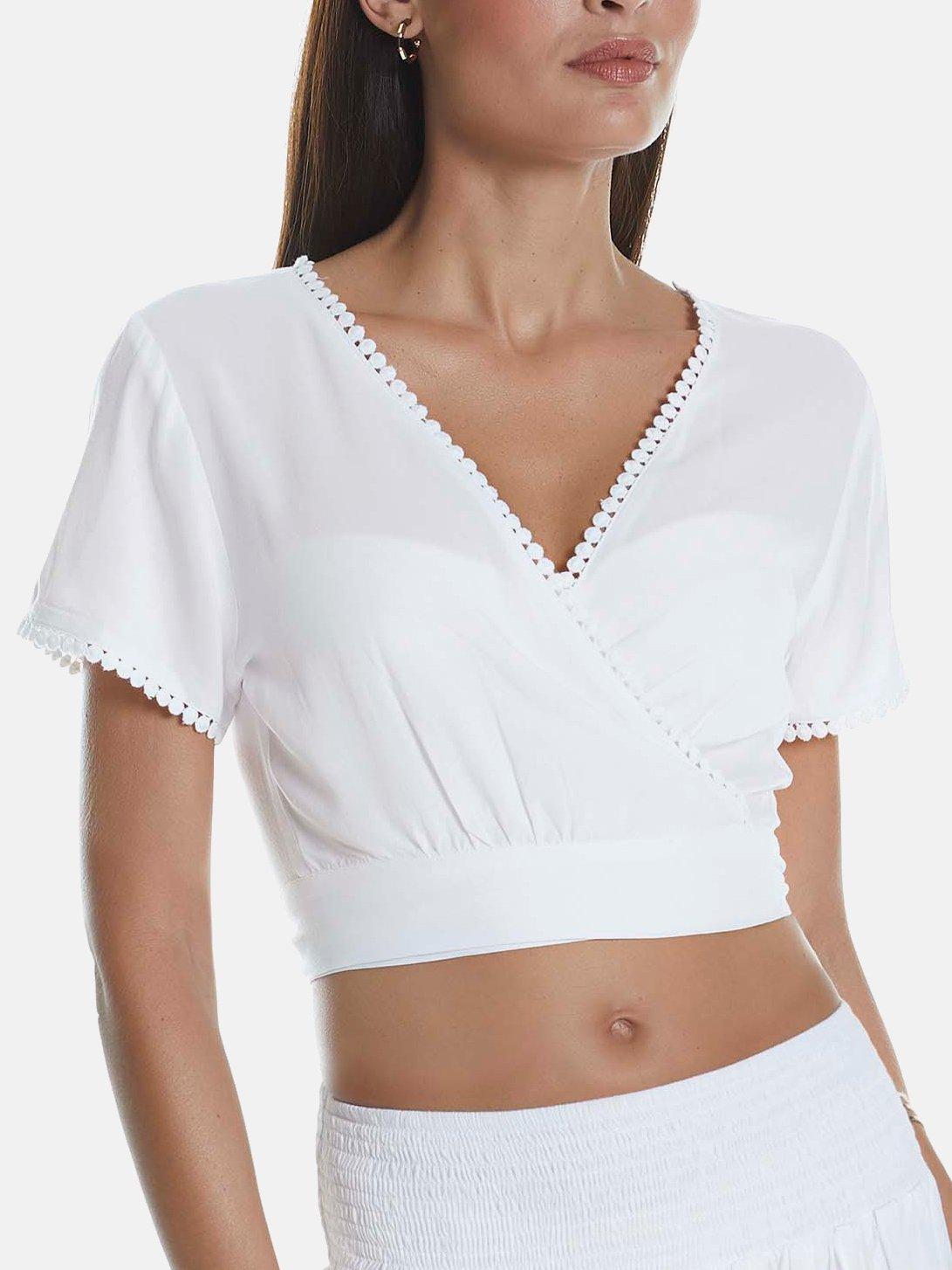 Image of Kurzärmeliges Oberteil Mit V-ausschnitt Damen Weiss S