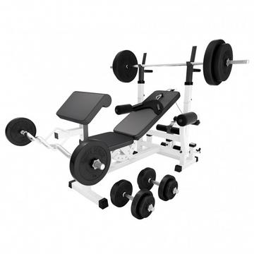 BANC DE MUSCULATION BLANC UNIVERSEL + SET D'HALTERES POIDS PLASTIQUES ET BARRES