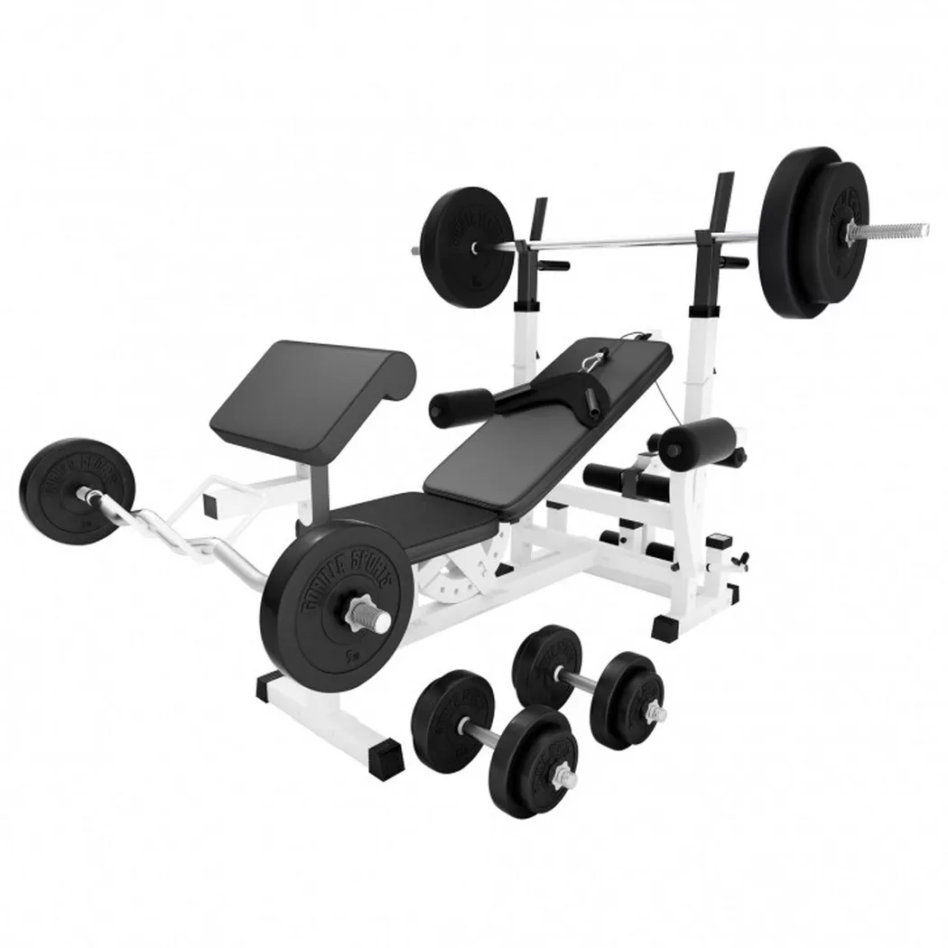 Gorilla Sports - Hantelbank mit Hantelset, 180cm, Weiss