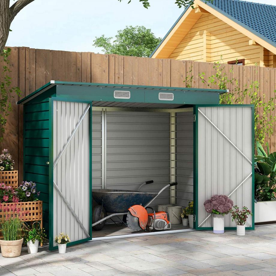 Northio Casetta per attrezzi 4,1 m³, casetta da giardino con tetto a falda, 249 x 121 x 166/183 cm, casetta per attrezzi con doppie porte chiudibili a chiave, finestre, garage per biciclette, armadio da giardino in acciaio, per cortile, giardino, verde  