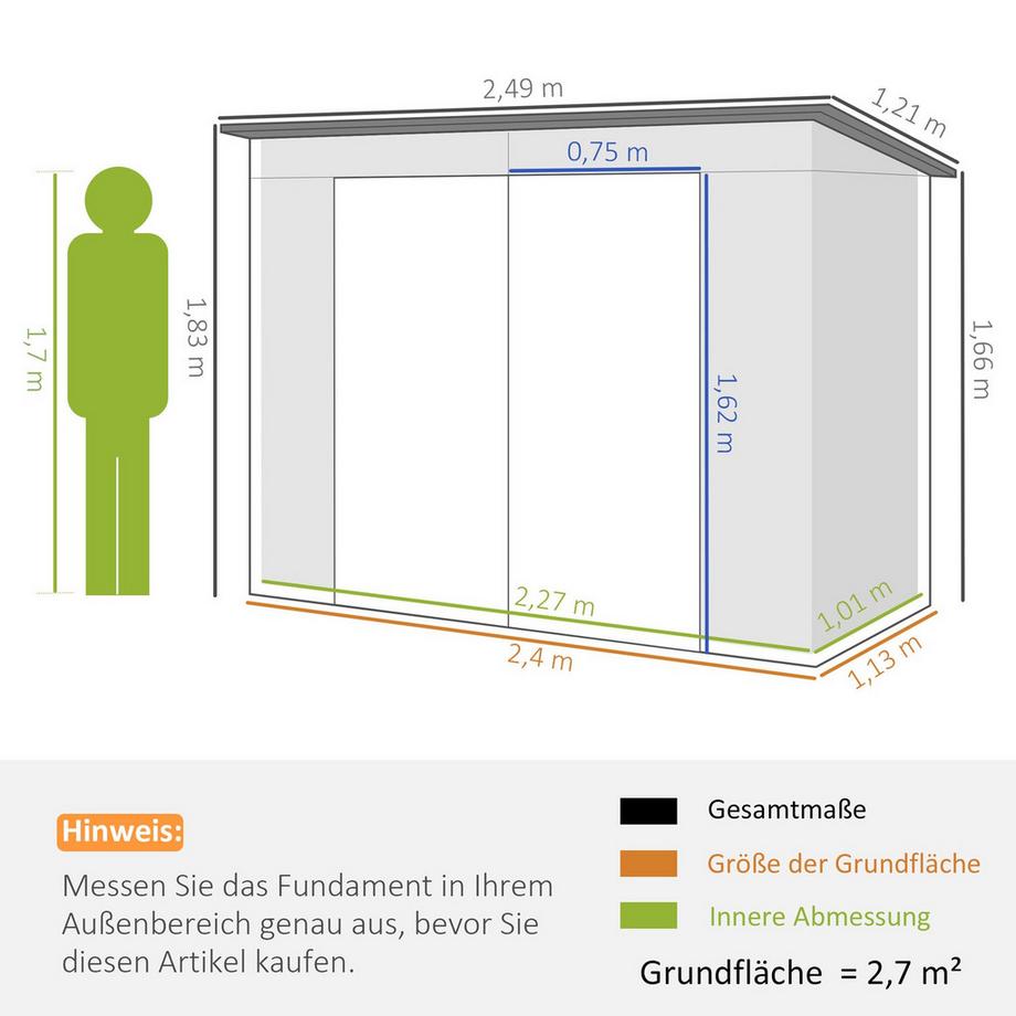 Northio Casetta per attrezzi 4,1 m³, casetta da giardino con tetto a falda, 249 x 121 x 166/183 cm, casetta per attrezzi con doppie porte chiudibili a chiave, finestre, garage per biciclette, armadio da giardino in acciaio, per cortile, giardino, verde  