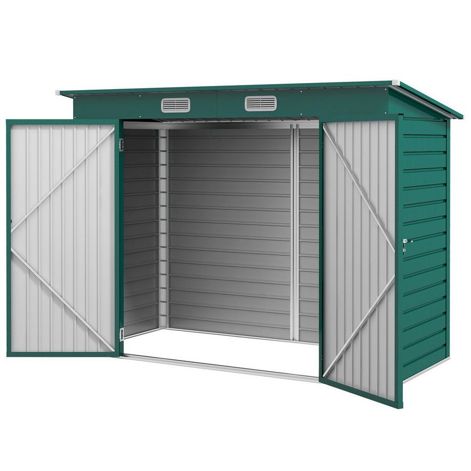 Casetta per attrezzi 4,1 m³, casetta da giardino con tetto a falda, 249 x 121 x 166/183 cm, casetta per attrezzi con doppie porte chiudibili a chiave, finestre, garage per biciclette, armadio da giardino in acciaio, per cortile, giardino, verde
