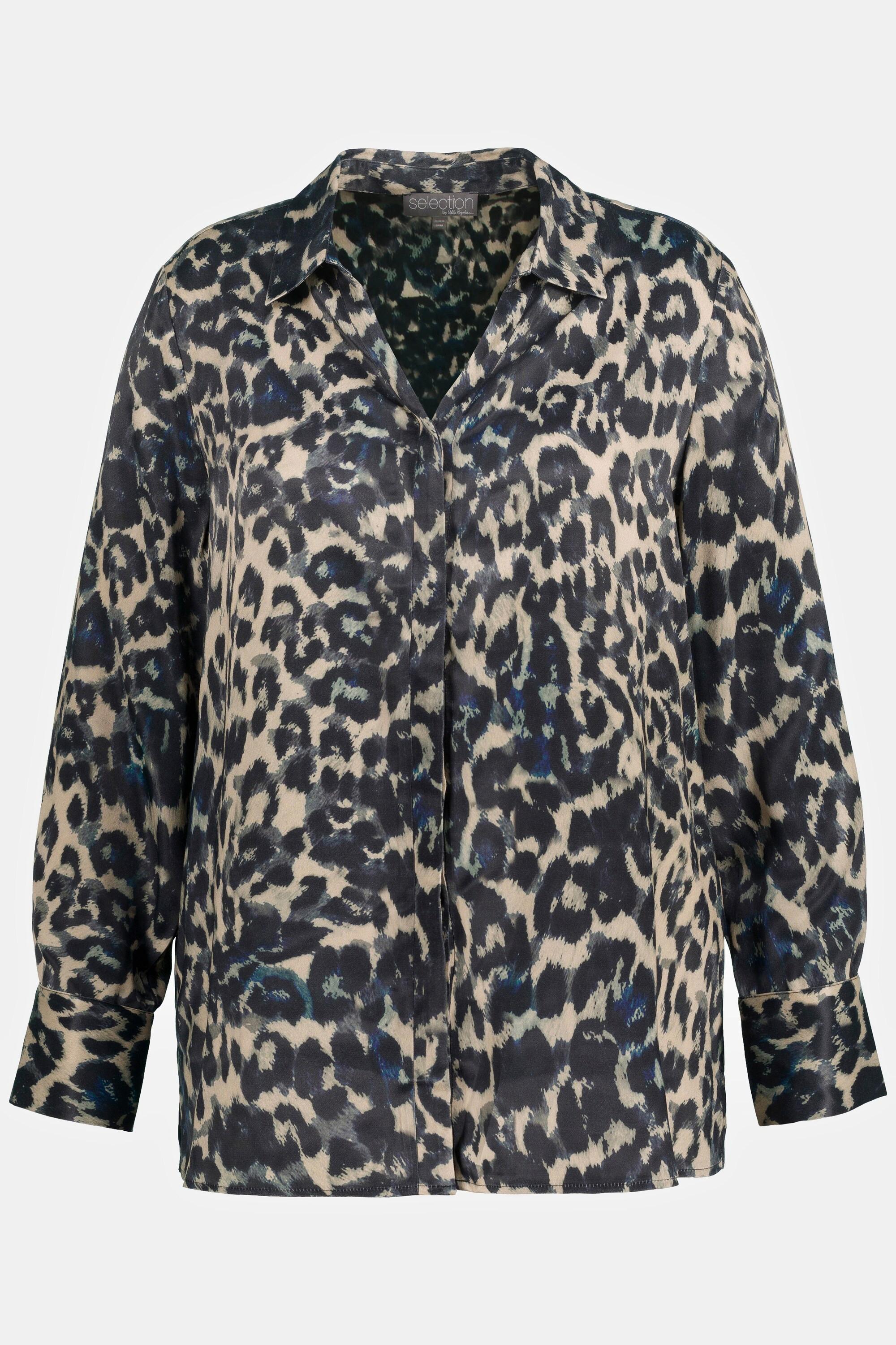 Ulla Popken  Blusa di raso con design leopardato, colletto da camicia e maniche lunghe 