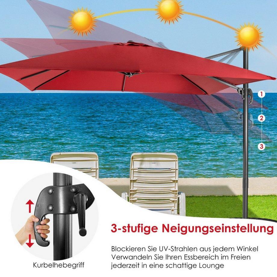 Northix Regenschirm mit 3 Neigungseinstellungen für Gärten Terrassen Cafés 300 x 300 x 273 cm Weinrot  