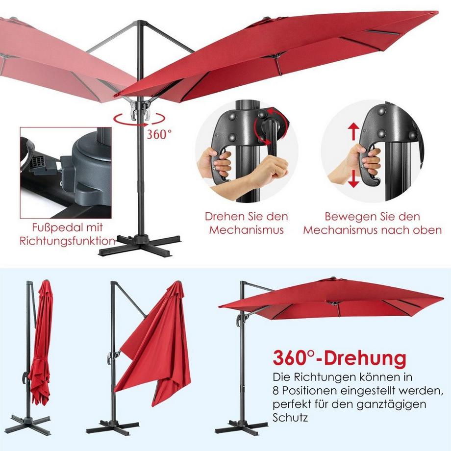 Northix Regenschirm mit 3 Neigungseinstellungen für Gärten Terrassen Cafés 300 x 300 x 273 cm Weinrot  
