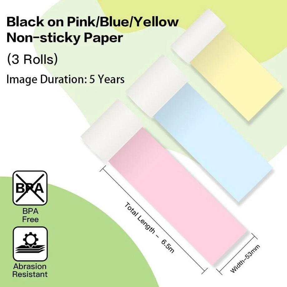 Phomemo Papier thermique non adhésif jaune/bleu/rose à durée de vie de 5 ans pour T02/M02X/M832 – 3 rouleaux  