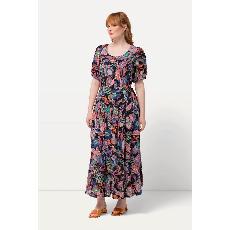 Ulla Popken Blätter Leinenmix Rundhals Halbarm Kleid  