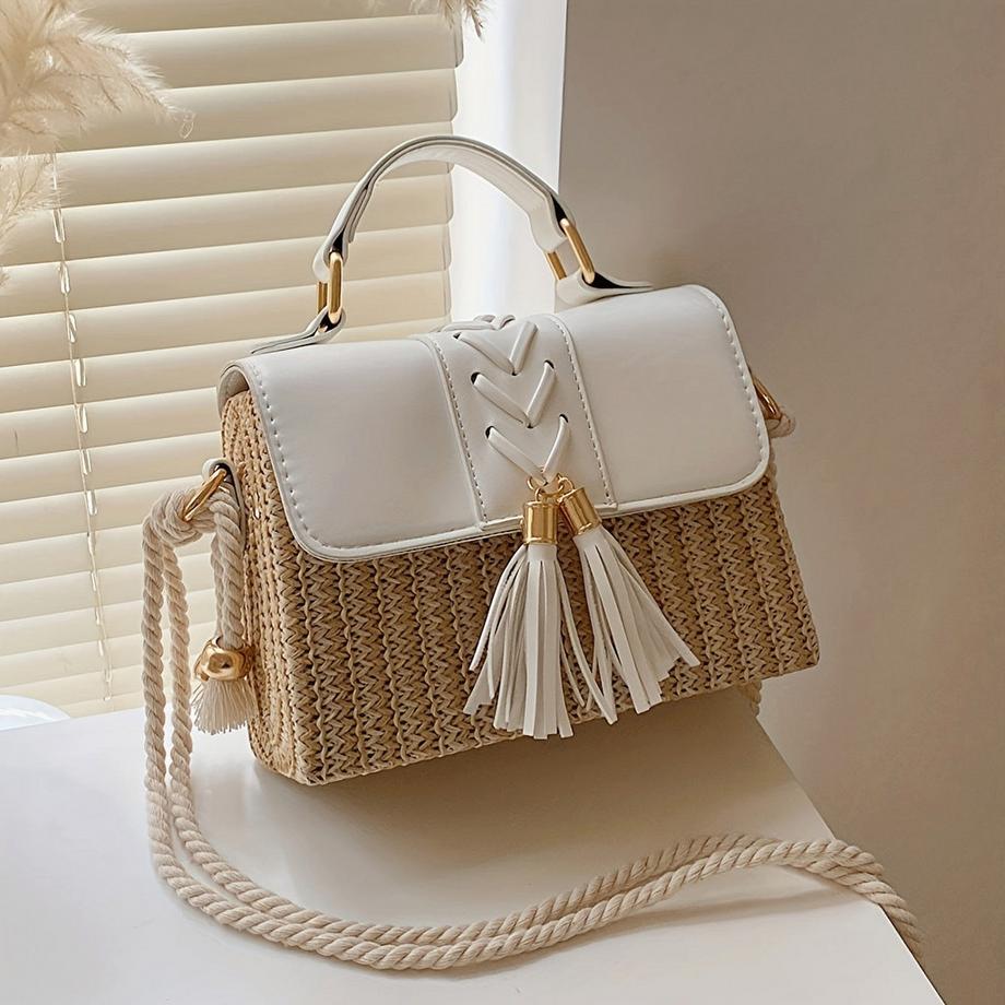 Only-bags.store Borsa Crossbody Mini con Tracolla in Corda Paglia Intrecciata Decorazione Nappa  