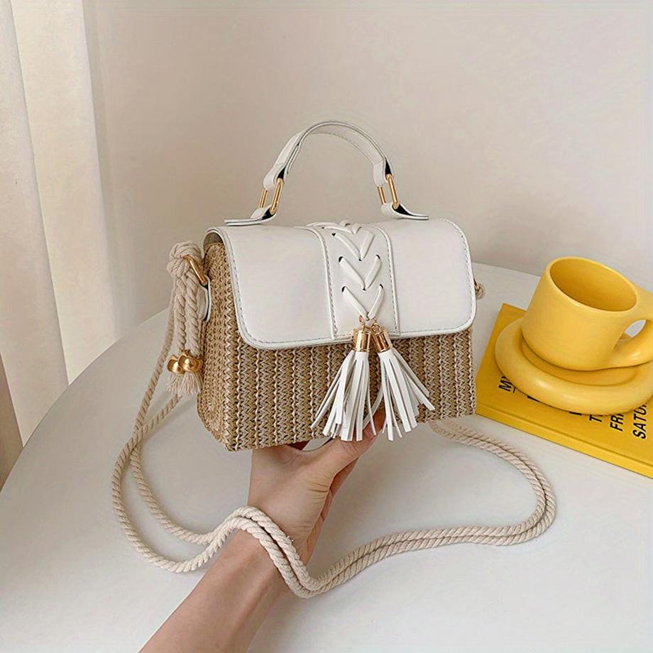 Only-bags.store Borsa Crossbody Mini con Tracolla in Corda Paglia Intrecciata Decorazione Nappa  