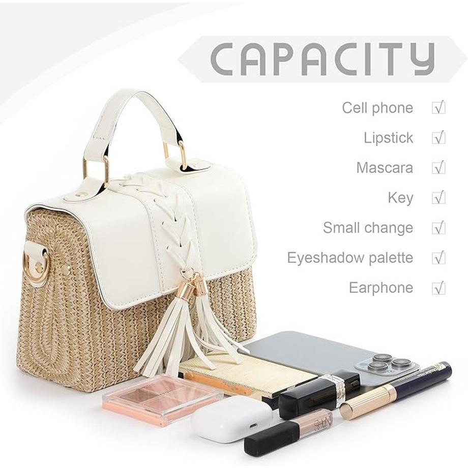 Only-bags.store Borsa Crossbody Mini con Tracolla in Corda Paglia Intrecciata Decorazione Nappa  