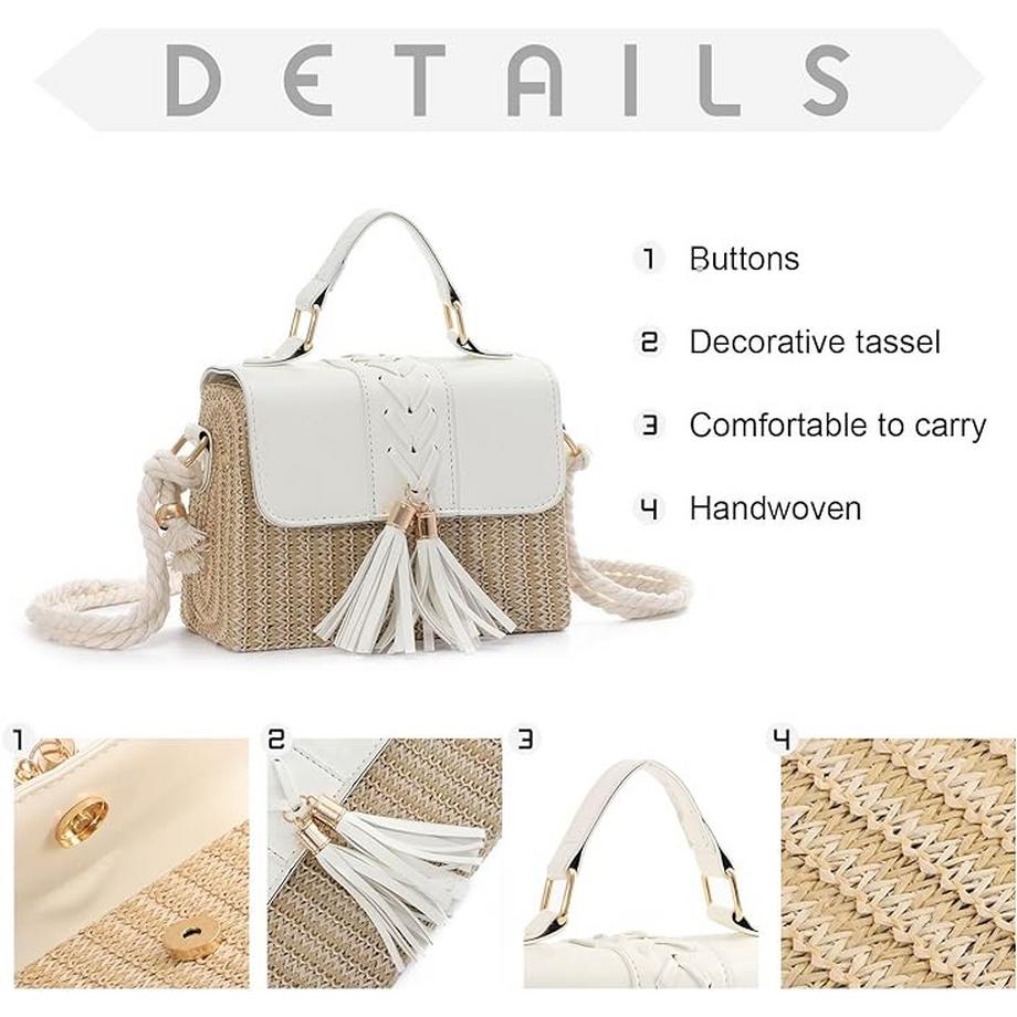 Only-bags.store Borsa Crossbody Mini con Tracolla in Corda Paglia Intrecciata Decorazione Nappa  