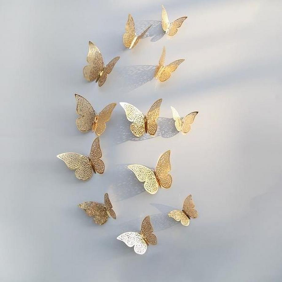 eStore 12pz Farfalle 3D in Metallo, Decorazione murale - Rete Oro  