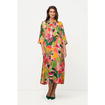 Robe midi, fruits, ligne en A, col chemise, manches 3/4