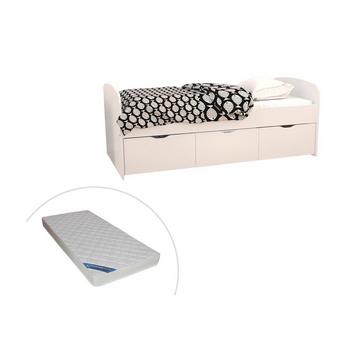 Letto con 2 cassetti e 1 vano portaoggetti  Bianco + Materasso LOUANE