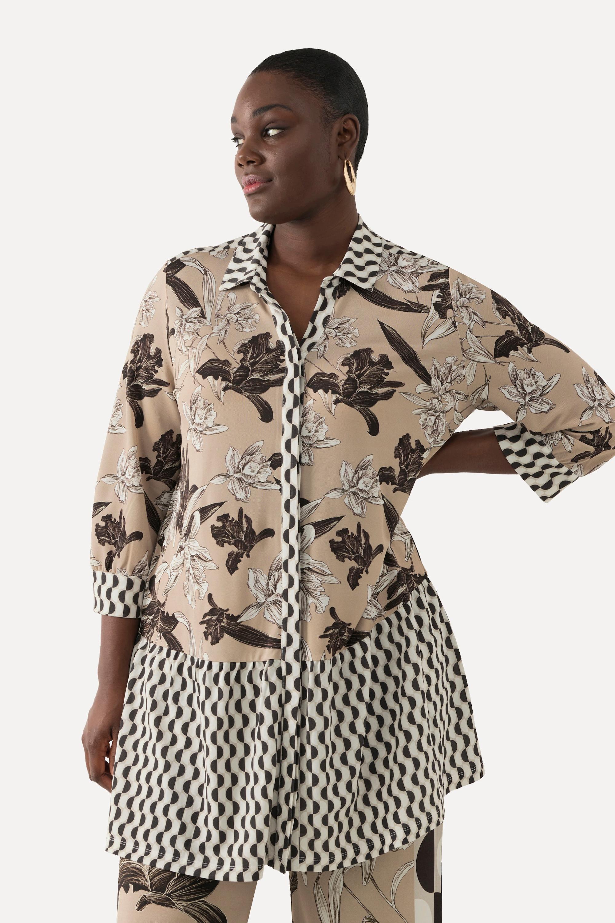 Ulla Popken Tunica Slinky Collo Camicia Abbottonatura Nascosta Maniche 3/4  