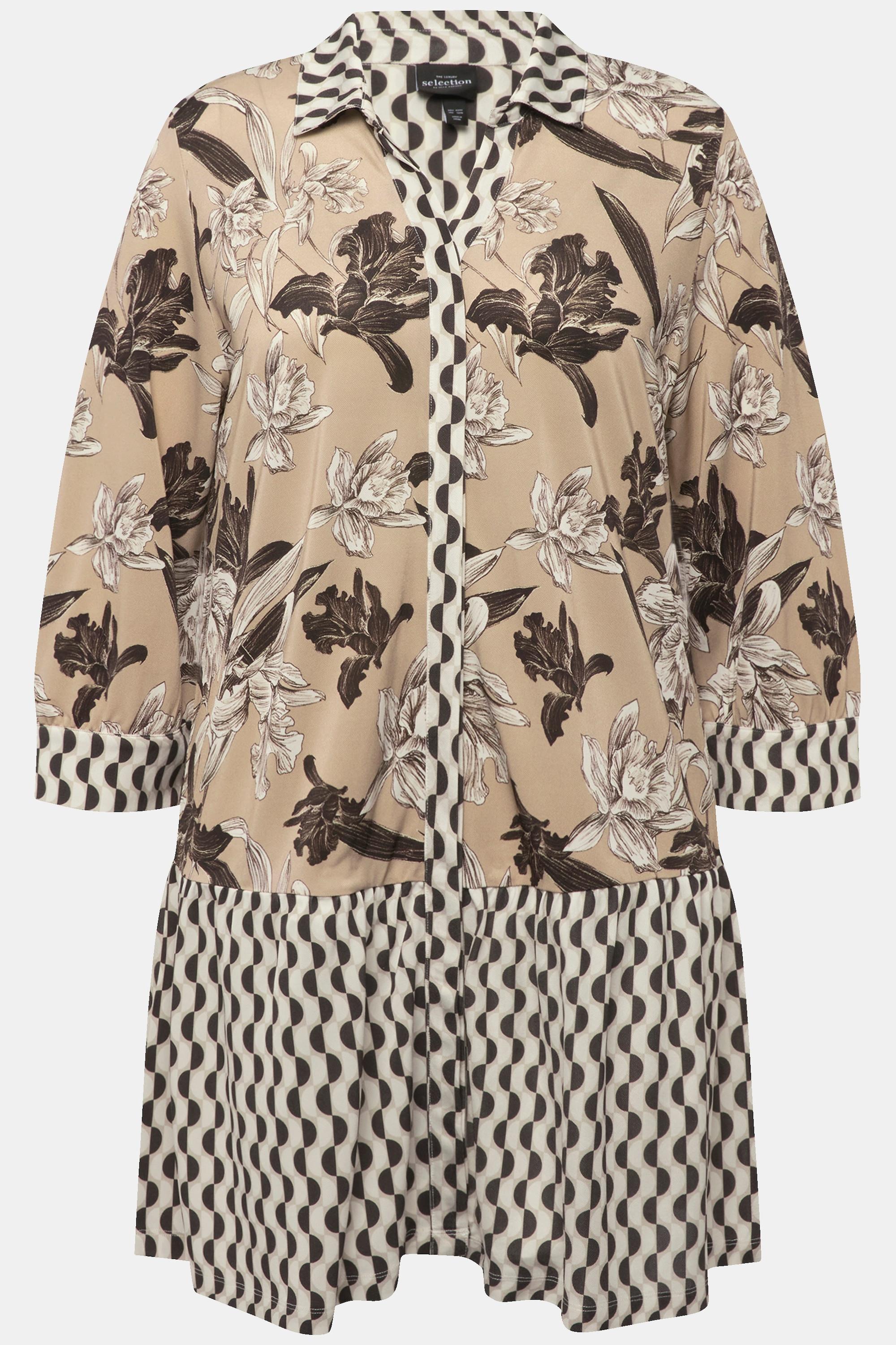 Ulla Popken Tunica Slinky Collo Camicia Abbottonatura Nascosta Maniche 3/4  