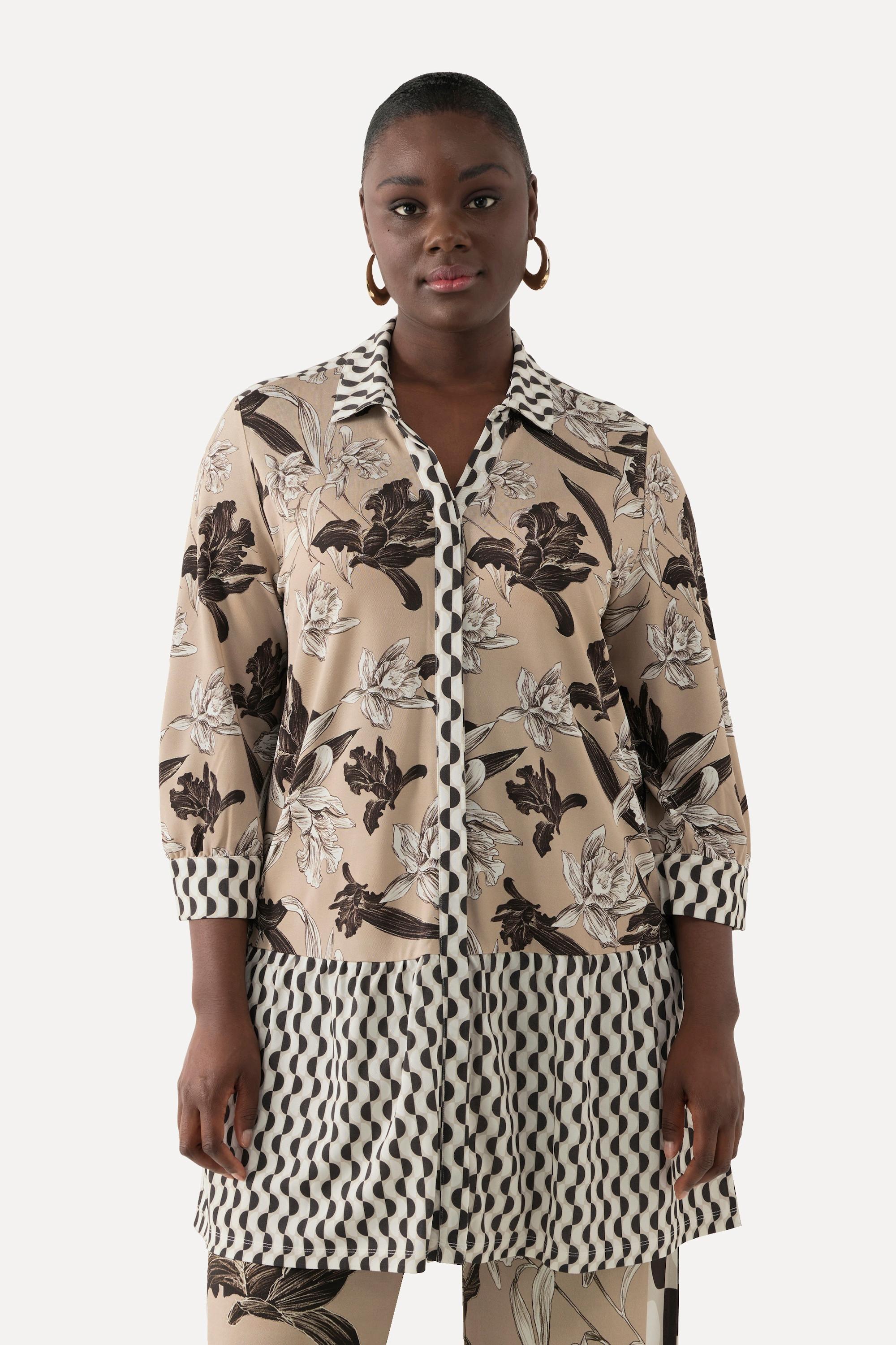 Ulla Popken Tunica Slinky Collo Camicia Abbottonatura Nascosta Maniche 3/4  