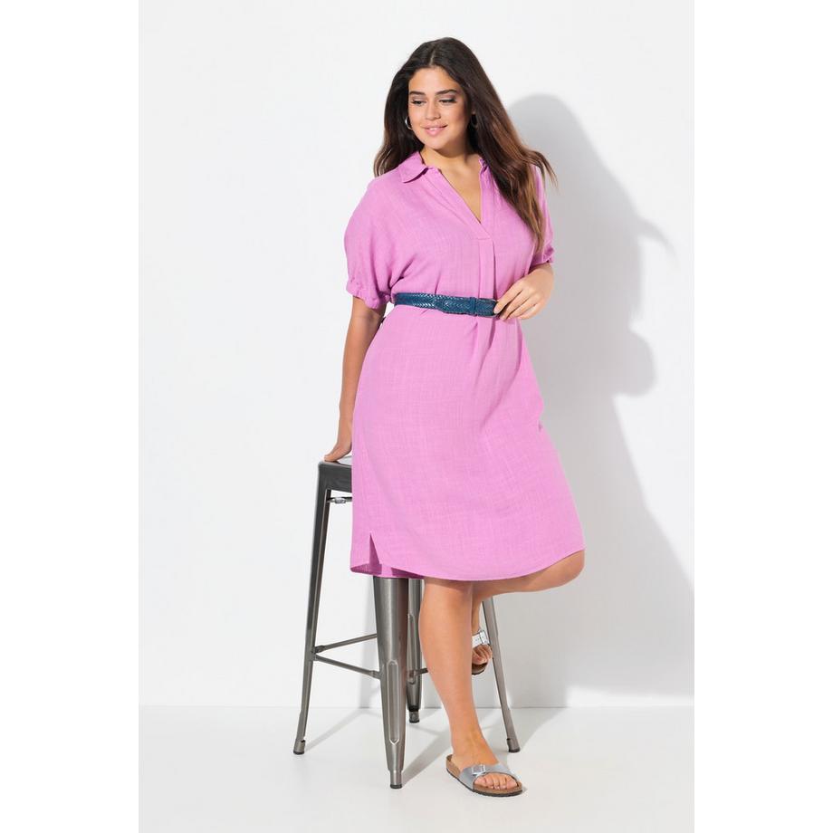 Ulla Popken Abito Oversize Misto Lino Collo Camicia Mezze Maniche  