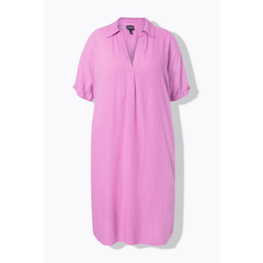 Ulla Popken Abito Oversize Misto Lino Collo Camicia Mezze Maniche  