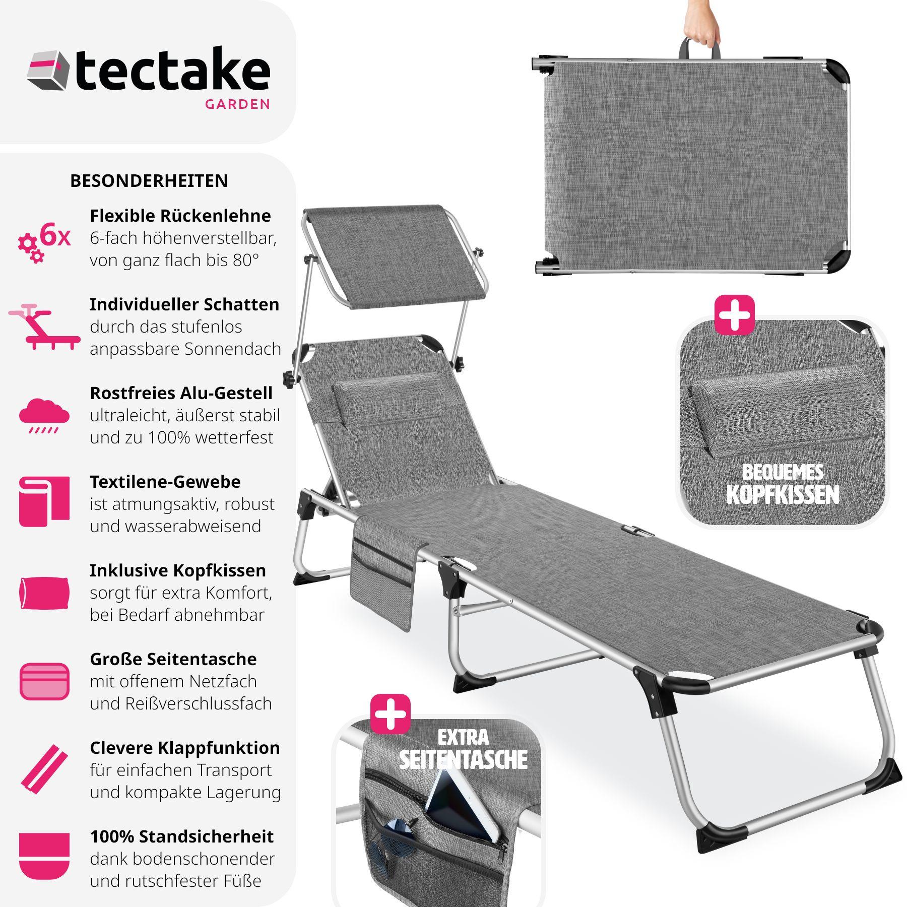 Tectake Sonnenliege mit Aluminiumgestell, stufenlos verstellbares Sonnendach  