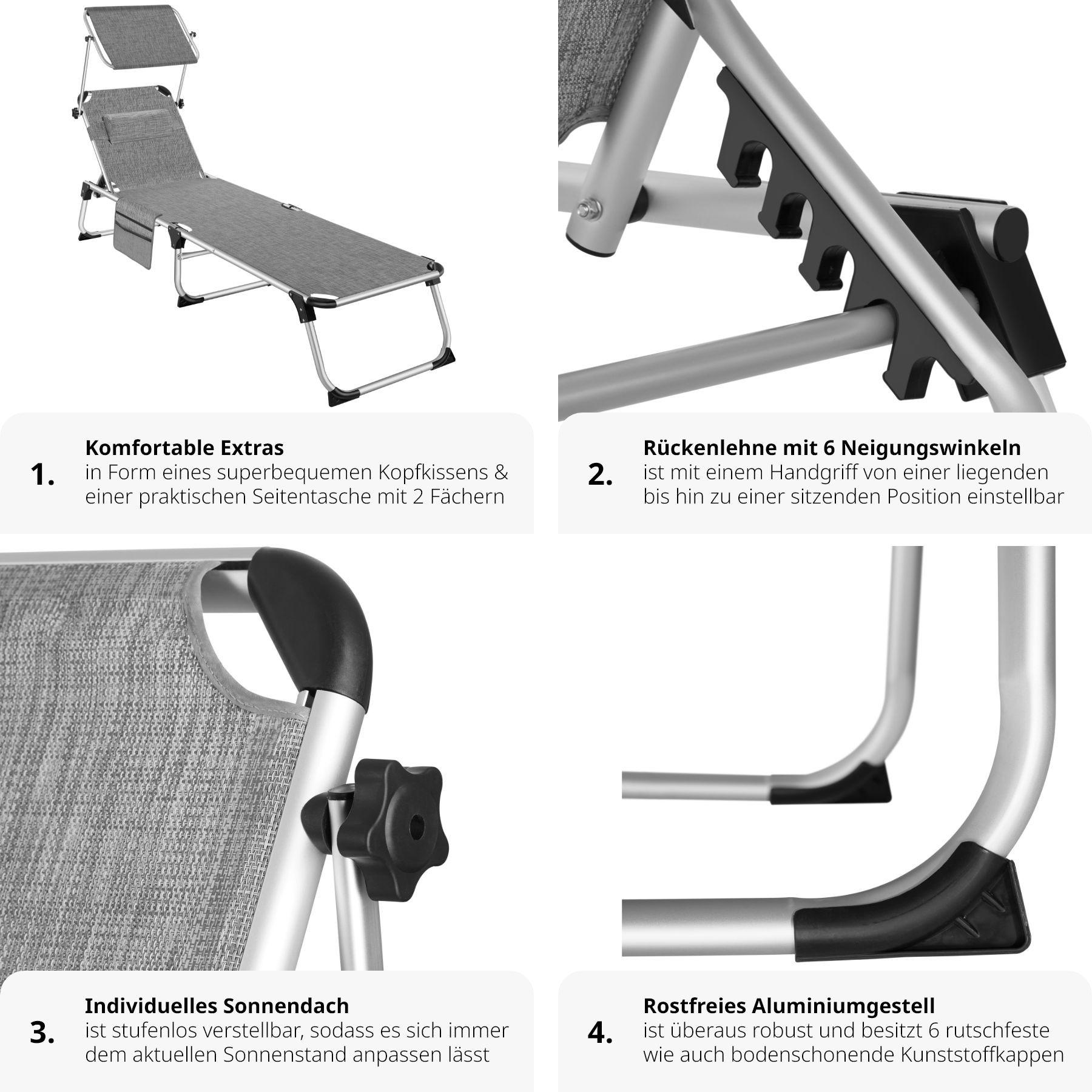 Tectake Sonnenliege mit Aluminiumgestell, stufenlos verstellbares Sonnendach  