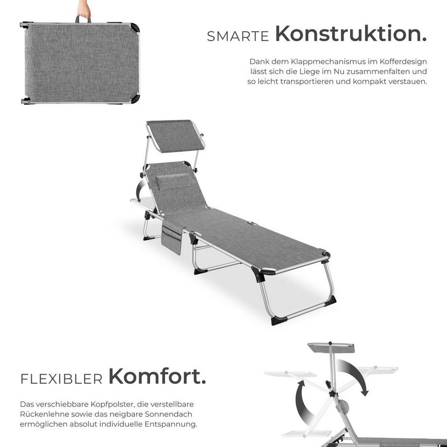 Tectake Sonnenliege Aurelie klappbar, mit Kopfkissen mit Aluminiumgestell, stufenlos verstellbares Sonnendach  